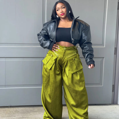 Women Spring Fashion Solid Colid Casual Street Detachable Pocket Wide Leg Cargo Pants