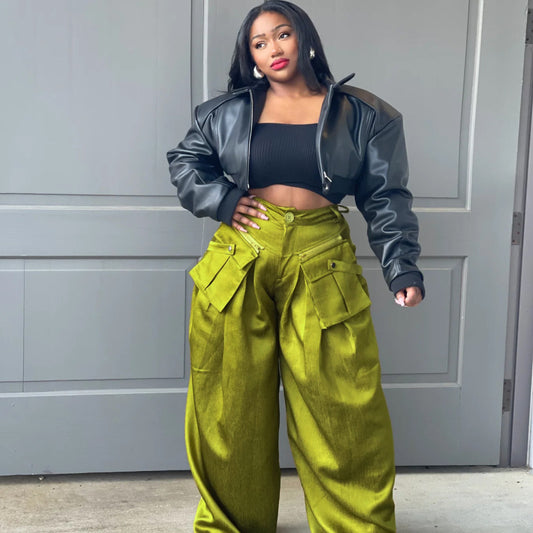 Women Spring Fashion Solid Colid Casual Street Detachable Pocket Wide Leg Cargo Pants