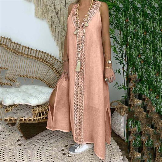 Women Casual Vintage Boho V-Neck Lace Patchwork Plus Size Maxi Dress
