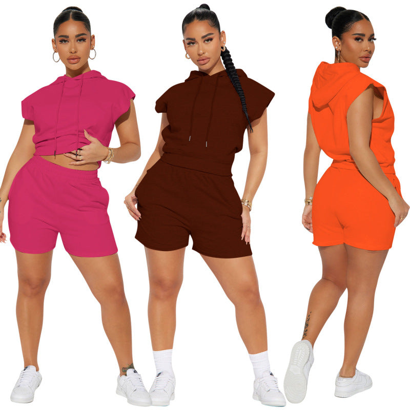 Women Fashion Casual Sports Style Solid Color Short Sleeve Hooded Top Shorts Two-Piece Set