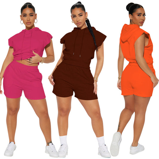 Women Fashion Casual Sports Style Solid Color Short Sleeve Hooded Top Shorts Two-Piece Set