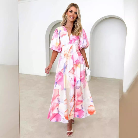Vacation Women Casual Fashion Floral Print Puff Sleeve Maxi Dress