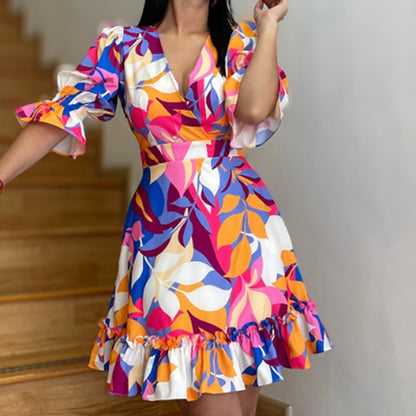 Women Fashion Office Chic Eleganr V Neck Leaf Print Ruffled Short Sleeve Casual Dress