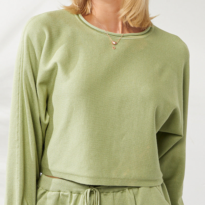 Women Casual Solid Color Knitted Long-Sleeve Sweater Drawstring Shorts Two-Piece Set