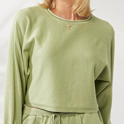 Women Casual Solid Color Knitted Long-Sleeve Sweater Drawstring Shorts Two-Piece Set