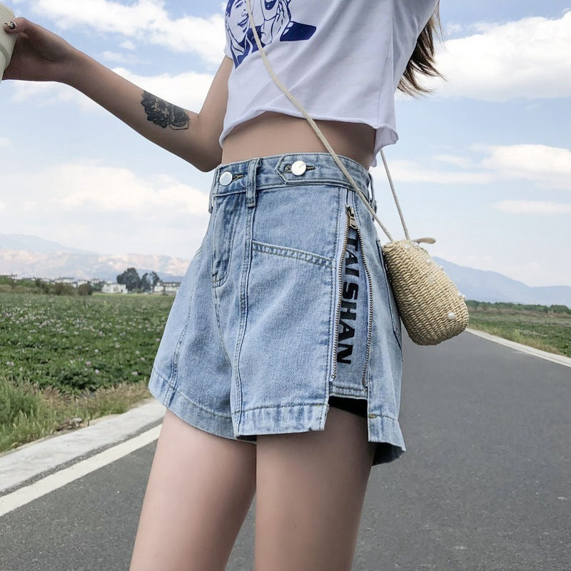Women Fashion Casual Letter Printing Zipper Denim Shorts