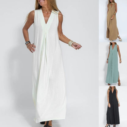 Women Casual Solid Color V-Neck Sleeveless Maxi Dress