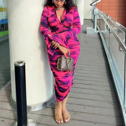 Women'S Fashion Casual Printing Long Sleeve Lapel Single-Breasted Dress