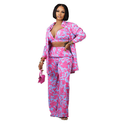 Conjunto de 3 piezas de abrigo informal con solapa y estampado floral para mujer, top corto con cintura definida y pantalones
