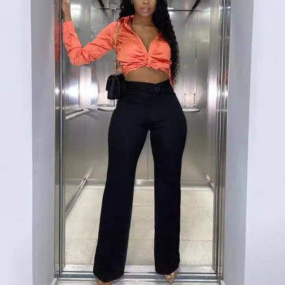 Women Fashion Casual Solid Color Wide Leg High Waist Slim Fit Pants