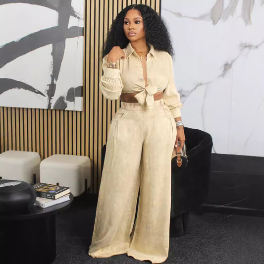 Conjunto de blusa y pantalones anchos informales de manga larga para mujer de otoño