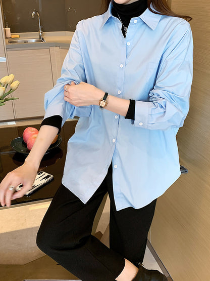Camisa informal de manga larga con solapa y color liso para mujer