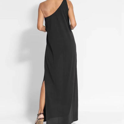 Women Casual Fashion Summer Vacation Slanted Shoulder Solid Color Loose Maxi Dress