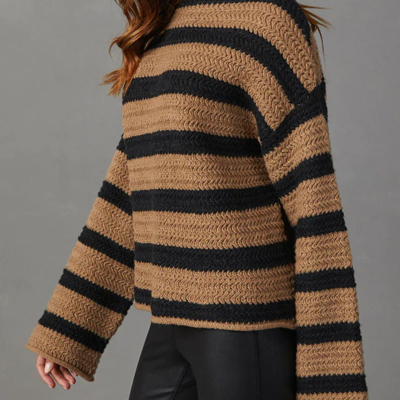 Suéter de punto de manga larga a rayas con cuello barco informal suelto para mujer de otoño e invierno