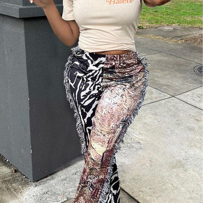 Pantalones casuales con borlas y estampado multicolor para mujer