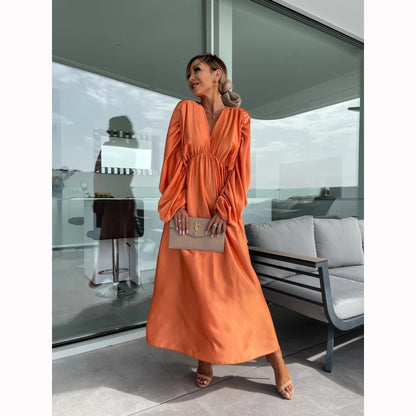 Women'S Casual Boho Solid Color Long Sleeve Pleated V-Neck Dress