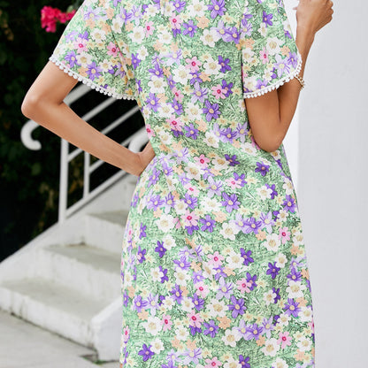 Vestido informal de mujer con cuello redondo, estampado floral, encaje y borlas