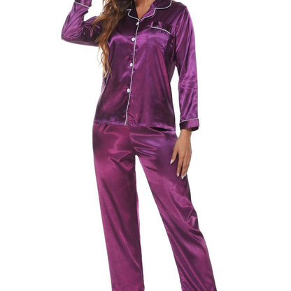 Conjunto de pijama básico informal de una sola botonadura con solapa y bloques de color para mujer