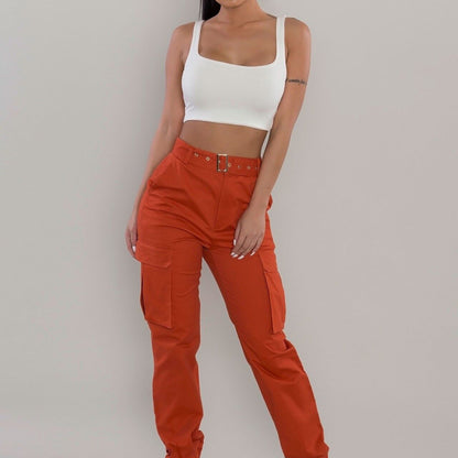 Women Fashion Casual Solid Color Cargo Pants