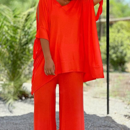 Conjunto de dos piezas para mujer, holgado, informal, con escote en V, pantalones de pierna ancha y talla grande