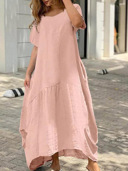 Women Fashion Casual Loose Plus Size Solid Color Cotton And Linen Maxi Dress