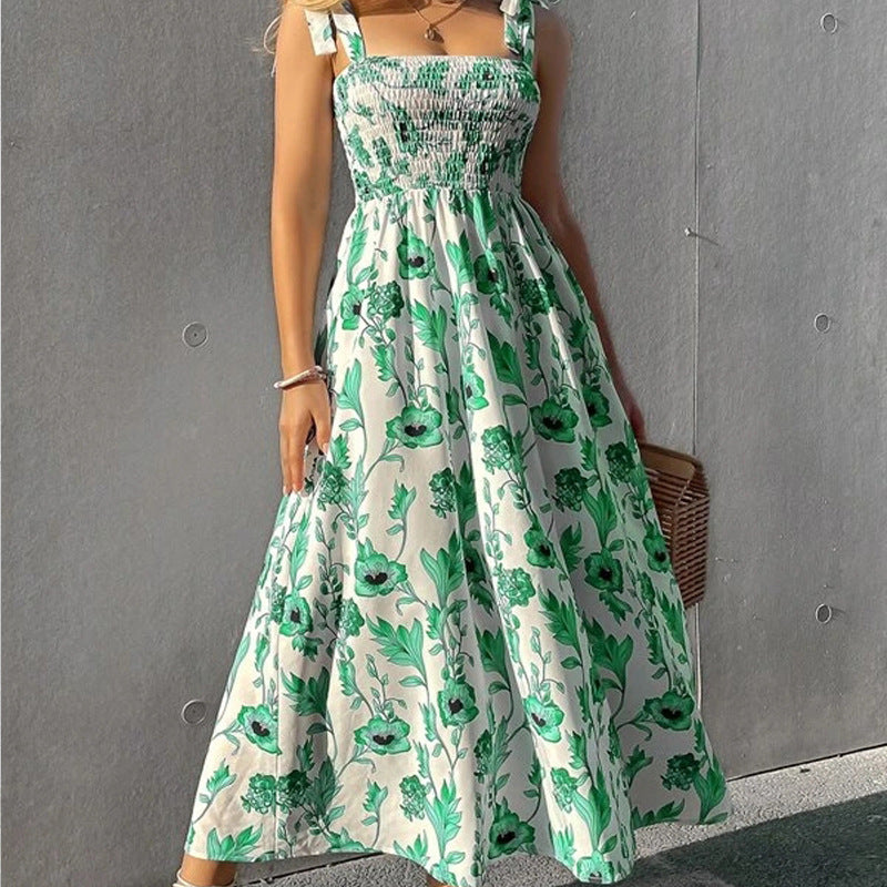 Vestido largo informal con cintura elástica definida y estampado floral para vacaciones de verano para mujer