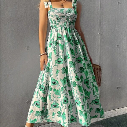 Vestido largo informal con cintura elástica definida y estampado floral para vacaciones de verano para mujer