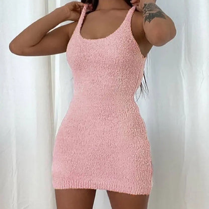 Women Solid Color Plush Slip Dress And Long Sleeve Coat Casual Knitted Two Piece Set