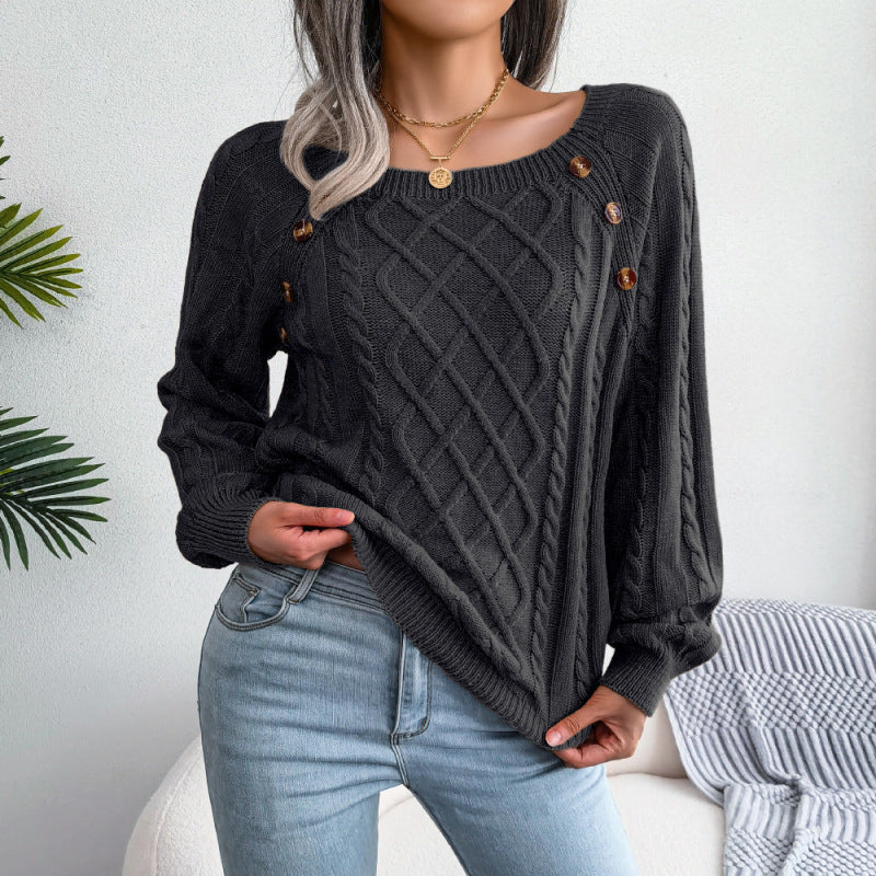 Autumn Winter Women Fashion Casual Square Collar Nail Twist Knitted Sweater