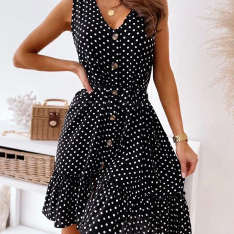Women Fashion Casual Summer Vacation Polka Dot Print Sleeveless V Neck Ruffled Dress