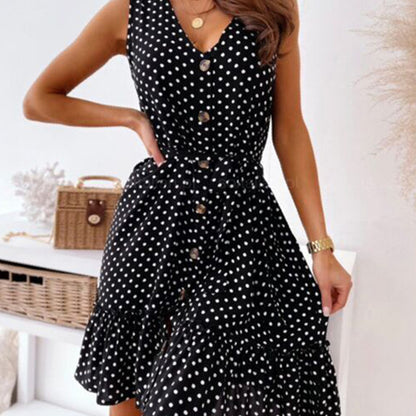 Women Fashion Casual Summer Vacation Polka Dot Print Sleeveless V Neck Ruffled Dress