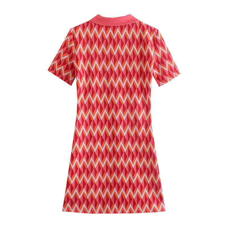 Women Edgy Casual Lapel Short Sleeves Color Blocking A-line Knitted Dress
