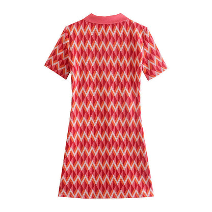 Women Edgy Casual Lapel Short Sleeves Color Blocking A-line Knitted Dress