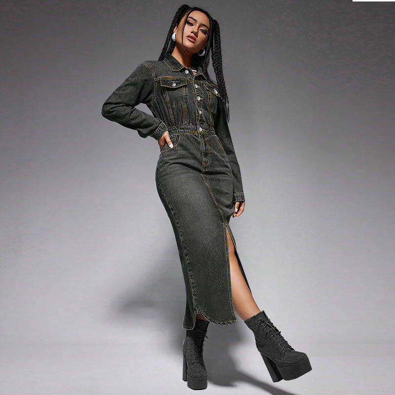 Women Fashion Casual Lapel Button Long Sleeve Split Denim Dress