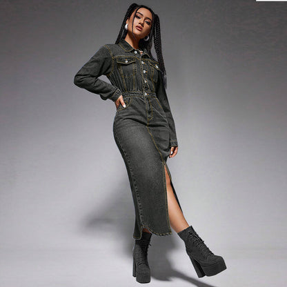 Women Fashion Casual Lapel Button Long Sleeve Split Denim Dress