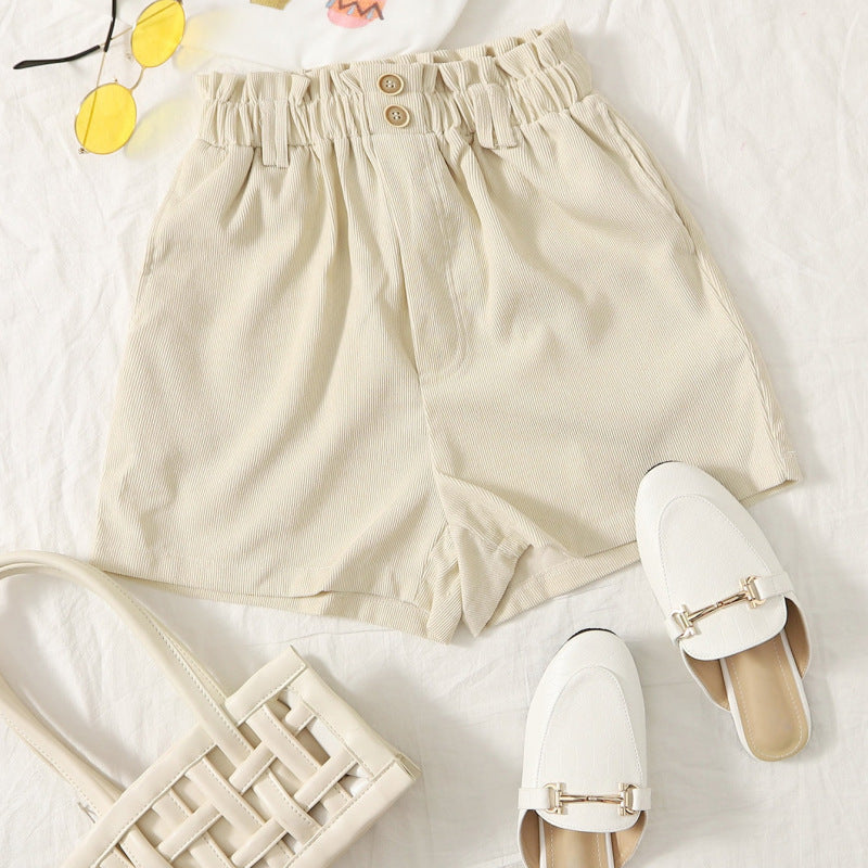 Women Solid Ruffle Elastic High Waist Casual Shorts