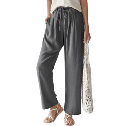 Pantalones rectos holgados de cintura elástica de lino y algodón para mujer