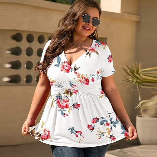 Blusa informal de verano con cuello en V y manga corta con estampado floral para mujer, talla grande