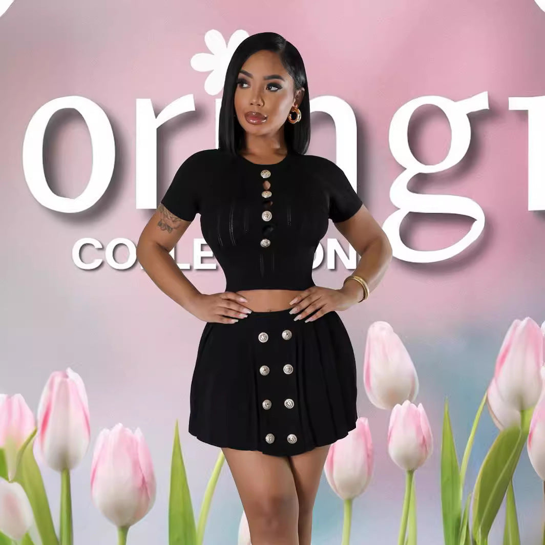 Conjunto de dos piezas de punto de manga corta con botones huecos, informal y sexy para mujer