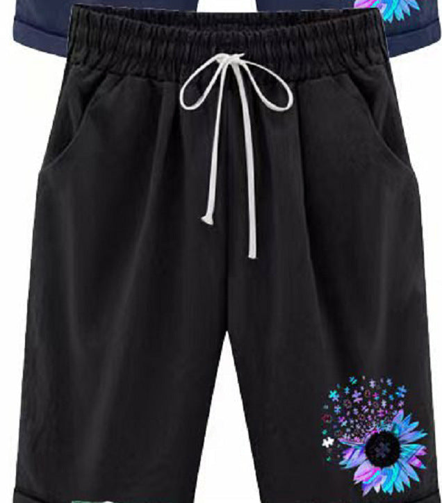 Women Casual Solid Color Printed High Waist Cotton Linen Shorts