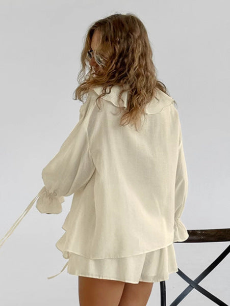 Conjunto de dos piezas de top y pantalones cortos holgados de manga larga con volantes y solapa informal para mujer