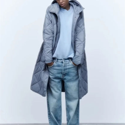 Chaqueta con capucha acolchada larga y cálida informal para mujer de otoño e invierno