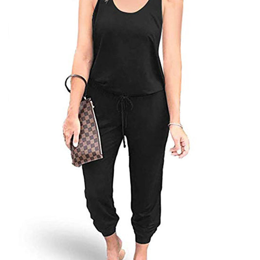 Women Solid Color Tank Top Waist Tie Casual Loose Jumpsuit