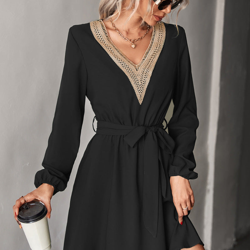 Vestido informal de manga larga con encaje y escote en V para mujer, moda Otoño Invierno