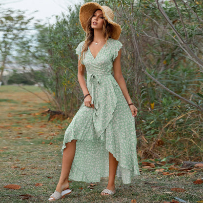 Spring And Summer Women'S Casual Middle Waist Short Sleeve V-Neck Drawstring Waist Tiny Flower Printing Bohemian Vacation Irregular Ruffled Dress