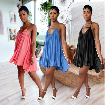 Women Casual Solid Color Halter Neck Sleeveless Backless Ruffled Loose Dress