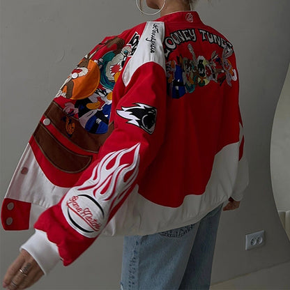 Women Fashion Casual Letter Cartoon Print Long Sleeve Baseball Jacket Coat