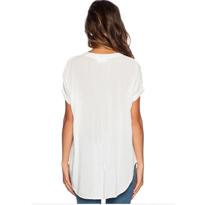 Blusa holgada informal de manga corta con cuello en V liso para mujer, estilo chic de oficina