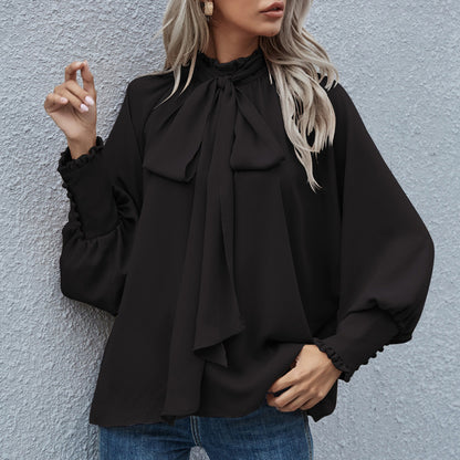 Blusa holgada informal elegante de manga larga con cuello alto y lazo para mujer