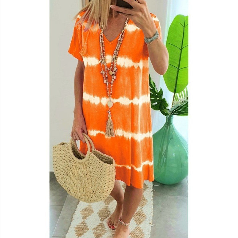 Women Casual Tie Dye Short Sleeve Summer V Neck Loose Bohemian Beach Dress